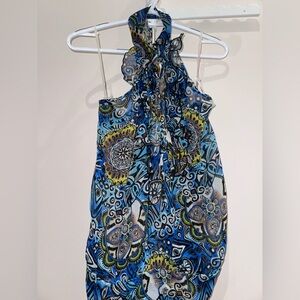 Blue Paisley Halter Camisole with Ruffled Neck